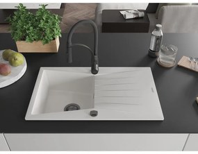 Mexen Cesar, 1-komorový granitový drez 775x470x190 mm a drezová batéria Aster, biela, 6514-20-73450-70-B