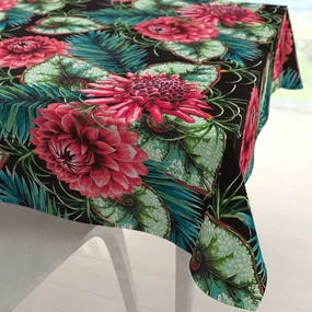 Biante Bavlnený štvorcový obrus Sandra SA-566 Veľké tropické kvety a listy na čiernom 70x70 cm