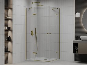 Mexen Roma Duo, sprchový kút 90 (dvere) x 80 (dvere) cm, 6mm číre sklo, zlatý profil + slim sprchová vanička 5cm biela + zlatý sifón, 854-090-080-50-02-4010G