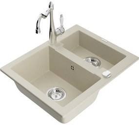 Mexen Carlos, granitový drez 582x475x177 mm, 1,5-komorový a drezová batéria Carla, béžová, 6518-69-670700-00
