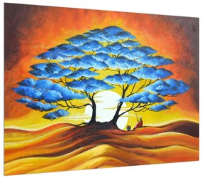 Orientálny obraz modrého stromu a slnka (70x50 cm)