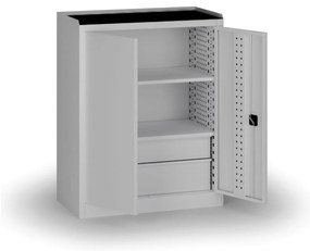 Policová dielenská skriňa 2-dverová, 2 police + 4 zásuvky, 1180 × 950 × 500 mm, sivé dvere