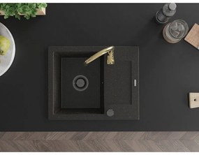 Mexen Enzo, granitový drez 576x465x174 mm, 1-komorový, zlatá batéria Telma, čierna-zlatá metalíza, 6506-75-670200-50-B