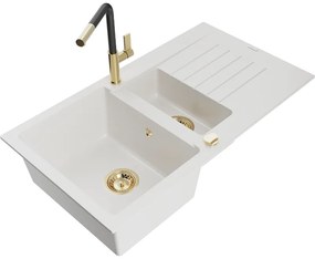 Mexen Matias, 1,5-komorový granitový drez 900x505x200 mm a drezová batéria Flora, biela, 6502-20-670401-57-G