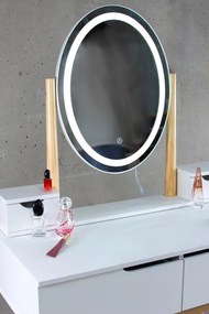 Toaletný stolík GLAM s LED zrkadlom biely / naturálny, sivá taburetka