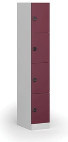 Šatníková skrinka S1 s úložnými boxmi, 4 boxy, 1850 x 300 x 500 mm, kódový zámok, červené dvere