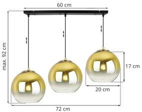 Závesné svietidlo Bergen Gold, 3x zlaté/transparentné sklenené tienidlo (fi 20cm)