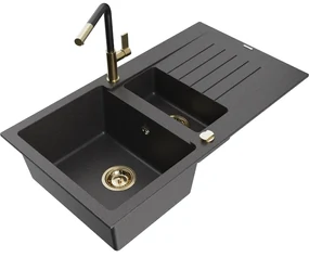 Mexen Matias, 1,5-komorový granitový drez 900x505x200 mm a drezová batéria Flora, čierna škvrnitá, 6502-76-670401-57-G