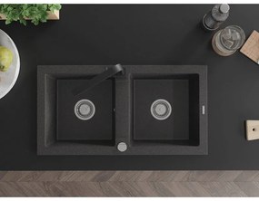 Mexen Mario, granitový drez 820x436x161 mm, 2-komorový, čierna škvrnitá s chrómovým sifónom a čierna drezová batéria Rita, 6504-76-670300-70