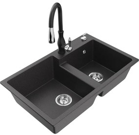 Mexen Tomas, granitový drez 800x500x190 mm, 2-komorový a drezová batéria Savita, čierna škvrnitá, 6516-76-672601-70