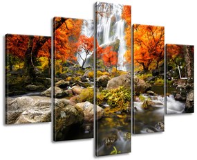 Gario Obraz s hodinami Jesenný vodopád - 5 dielny Rozmery: 150 x 105 cm