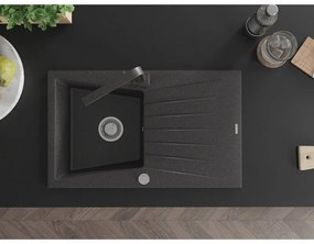 Mexen Cesar, granitový drez 775x470x190 mm, 1-komorový, čierna škvrnitá s chrómovým sifónom a čierna škvrnitá drezová batéria Rita, 6514-76-670300-76
