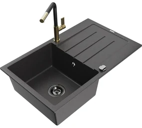 Mexen Bruno, 1-komorový granitový drez 795x495x200 mm a drezová batéria Flora, čierna škvrnitá, 6513-76-670401-57-B