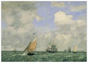 Sklenený obraz - Eugène Boudin, Ships and Sailing Boats Leaving Le Havre, reprodukcia (70x50 cm)