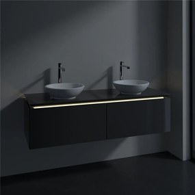 VILLEROY &amp; BOCH Legato závesná skrinka pod dve umývadlá na dosku, 2 zásuvky, s LED osvetlením, 1400 x 500 x 380 mm, Glossy Grey, B591L0FP