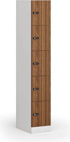 Šatníková skrinka S1 s úložnými boxmi, 5 boxov, 1850 x 300 x 500 mm, demont, mechanický kódový zámok, laminované dvere, orech