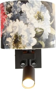 Nástenná lampa čierna s lampou na čítanie a tienidlom 18 cm kvetinový - Brescia