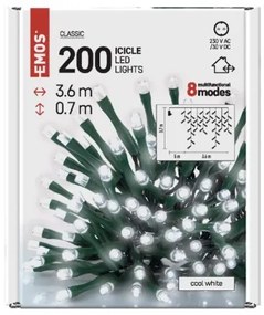 EMOS LED vonkajší vianočný multifunkčný záves STALACTITE LIGHTS, 200xLED, studená biela, 3,6m, 8 funkcií,