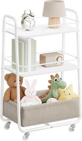 Gurulový úložný vozík s textilným košíkom, 3-poschodový vozík na kolieskach s policami, oblá biela a ťavohnedá