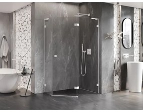 Mexen Lunar, L pravý výklopný päťuholníkový sprchový kút 90 x 80 cm, 8mm číre sklo, biely profil, 831L-090P-080L-20-00-P