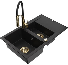 Mexen Gaspar, 1,5-komorový granitový drez 737x475x177 mm a drezová batéria Aster, čierna, 6507-77-73450-57-G