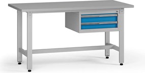 Výškovo nastaviteľný dielenský stôl G5, 1500 x 750 x 800-1000 mm, 1x kontajner, 2 zásuvky, modrá