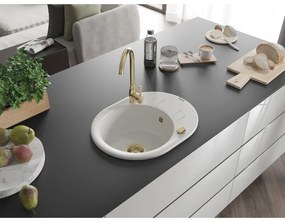 Mexen Kevin, granitový drez 586x458x190 mm, 1-komorový, biela so zlatým sifónom, 6517581005-20-G