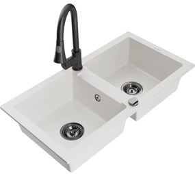 Mexen Mario, 2-komorový granitový drez 820x436x161 mm a drezová batéria Elia, biela, 6504-20-670101-70