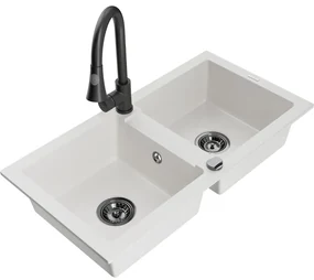 Mexen Mario, 2-komorový granitový drez 820x436x161 mm a drezová batéria Elia, biela, 6504-20-670101-70