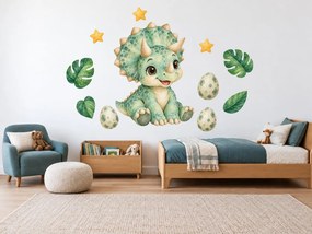 Malý triceratops s vajíčkami akvarelové nálepky na stenu pre malých chlapcov arch 34 x 46 cm