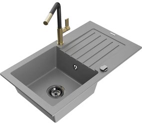 Mexen Pablo, 1-komorový granitový drez 752x436x161 mm a drezová batéria Flora, šedá, 6510-71-670401-57-B