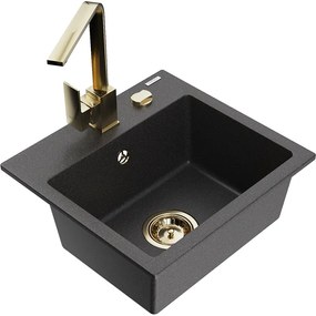 Mexen Milo, 1-komorový granitový drez 435x410x171 mm a zlatá batéria Rita, čierna škvrnitá, 6505-76-670300-50