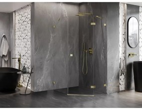 Mexen Lunar, pravý výklopný päťuholníkový sprchový kút 90 x 100 cm, 8mm číre sklo, zlatý matný profil, 831-090P-100L-55-00-P