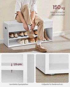 Lavica na topánky s čalúneným sedadlom, botník, 3 priehradky, biela