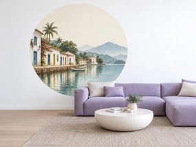 Koloniálne domčeky pri tropickom zálive kruhová akvarelová dekorácia s exotickým nábrežím na stenu arch 46 x 46 cm