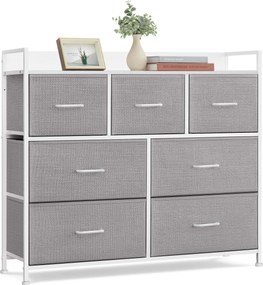 Komoda, 7 látkových zásuviek s rukoväťmi, kovový rám, sivá a biela