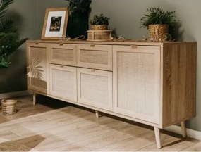 Široká komoda so zásuvkami Bali, dub sonoma/výplet%