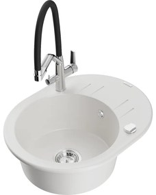 Mexen Kevin, granitový drez 586x458x190 mm, 1-komorový a biela batéria Duo, biela, 6517-20-671701-07