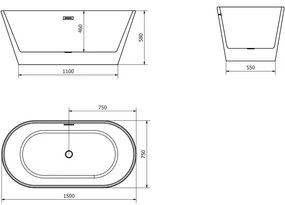 Mexen Flavia, voľne stojaca vaňa 150 x 75 cm, biela, brúsený grafit prepad, 54031507500-95