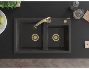 Mexen Tomas, 2-komorový granitový drez 800x500x190 mm a drezová batéria Elia, čierna škvrnitá, 6516-76-670101-50