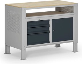 Dielenský stôl G9, 1 polica, 1 skrinka, 3 zásuvky, výškovo nastaviteľný, 1180 x 595 x 715-975 mm, sivá/grafit