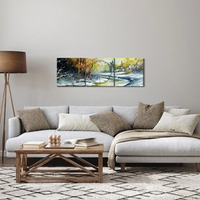 Obraz zimnej rieky, olejomaľba (s hodinami) (90x30 cm)