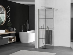 Mexen Kioto+, sprchová zástena Walk-In s poličkou a vešiakom 80 x 200 cm, 8mm číre sklo čierny vzor, brúsená oceľ profil, 800-080-121-97-77