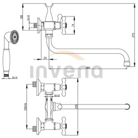 Invena Roma, vaňová batéria s predĺženou výlevkou 300mm a s ručnou sprchovou sadou, chrómová, INV-BW-24-00S-L