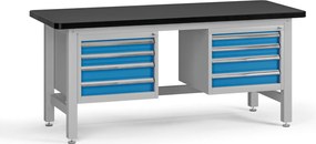 Pracovný stôl do dielne G4 s 2 závesnými boxami na náradie, MDF + PVC doska, 8 zásuviek, 1800 x 750 x 800 mm, modrá