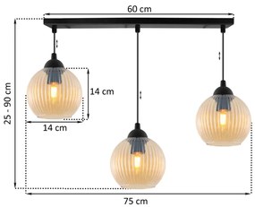 Závesné svietidlo Riffle Round, 3x medové sklenené tienidlo
