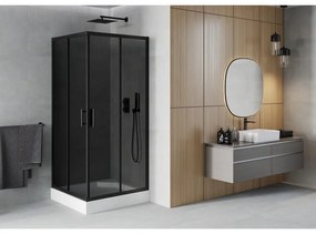 Mexen Rio, štvorcový sprchovací kút s posuvnými dverami 90(dvere) x 90(dvere) x 190 cm, 6mm šedé sklo, čierny profil + biela sprchová vanička RIO, 860-090-090-70-40-4510