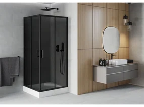 Mexen Rio, štvorcový sprchovací kút s posuvnými dverami 90(dvere) x 90(dvere) x 190 cm, 6mm šedé sklo, čierny profil + biela sprchová vanička RIO, 860-090-090-70-40-4510