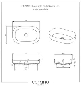 Cerano Atria, umývadlo na dosku z liateho mramoru 600x400x130 mm, čierna matná, CER-CER-WB17B