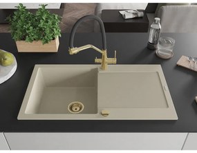 Mexen Leo, 1-komorový granitový drez 900x500x190 mm a drezová batéria Duo, béžová, 6501-69-671701-57-G